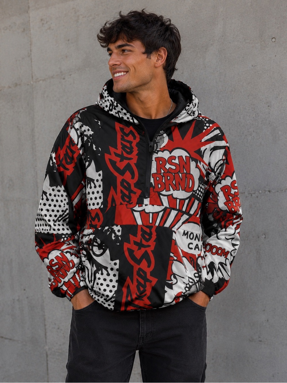 Reason Jacket Mens Small Multicolor Comic Pop Art Hooded Windbreaker 1/4 Zip